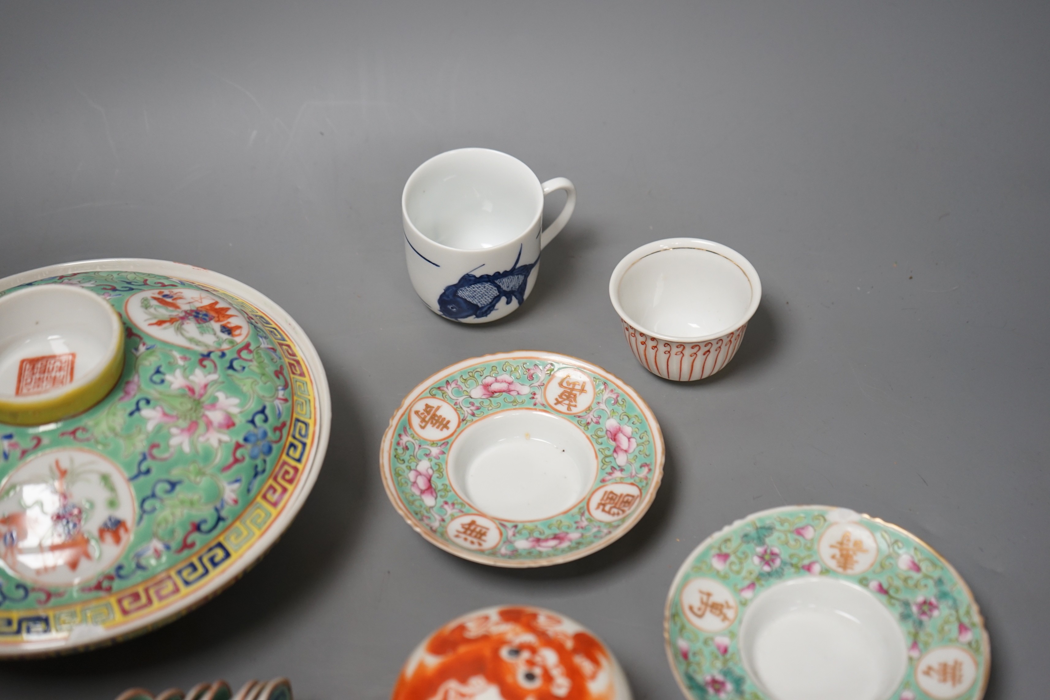 A group of 20th-century Chinese enamelled porcelain spoons, two stands a rice bowl and cover a box and cover and two other items